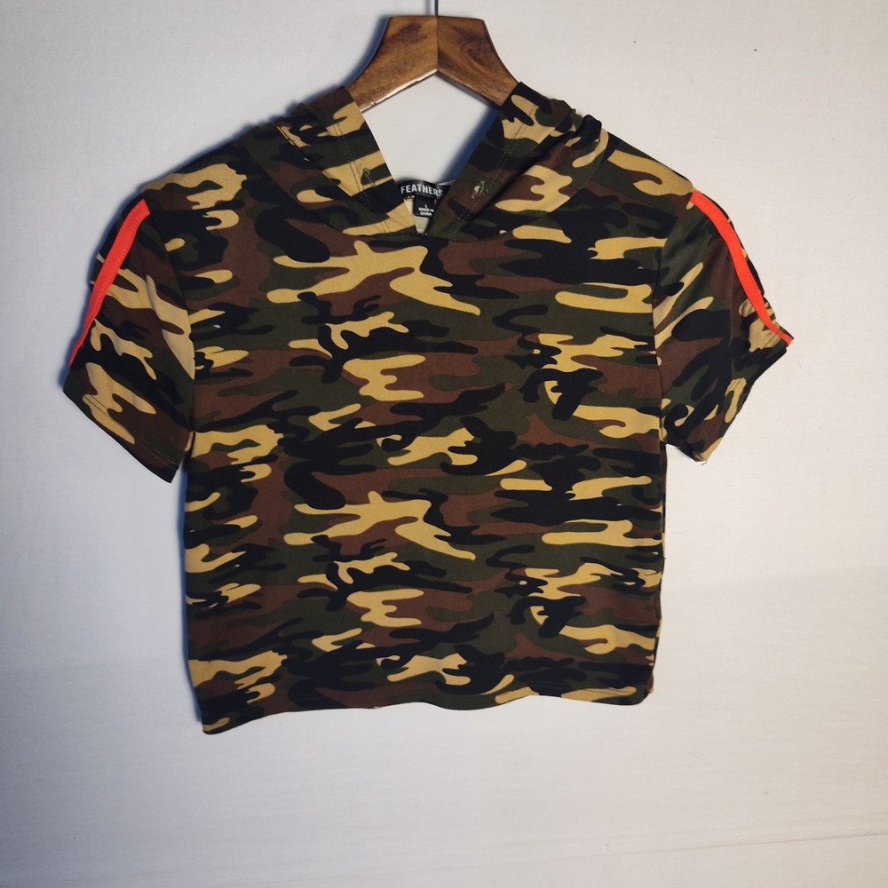 Feathers Camo Crop top Hoodie Short sleeve Orange Stripe Petite Large L Camo